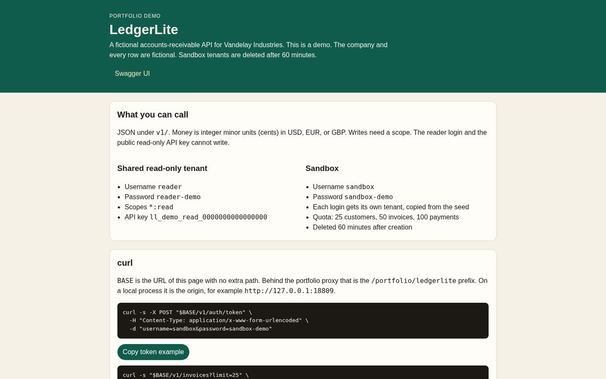 LedgerLite demo page for the fictional Vandelay Industries invoicing API