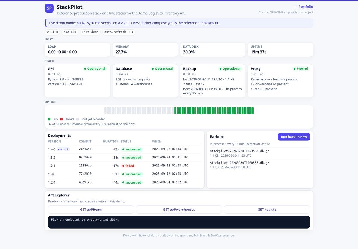 StackPilot status page on a desktop layout
