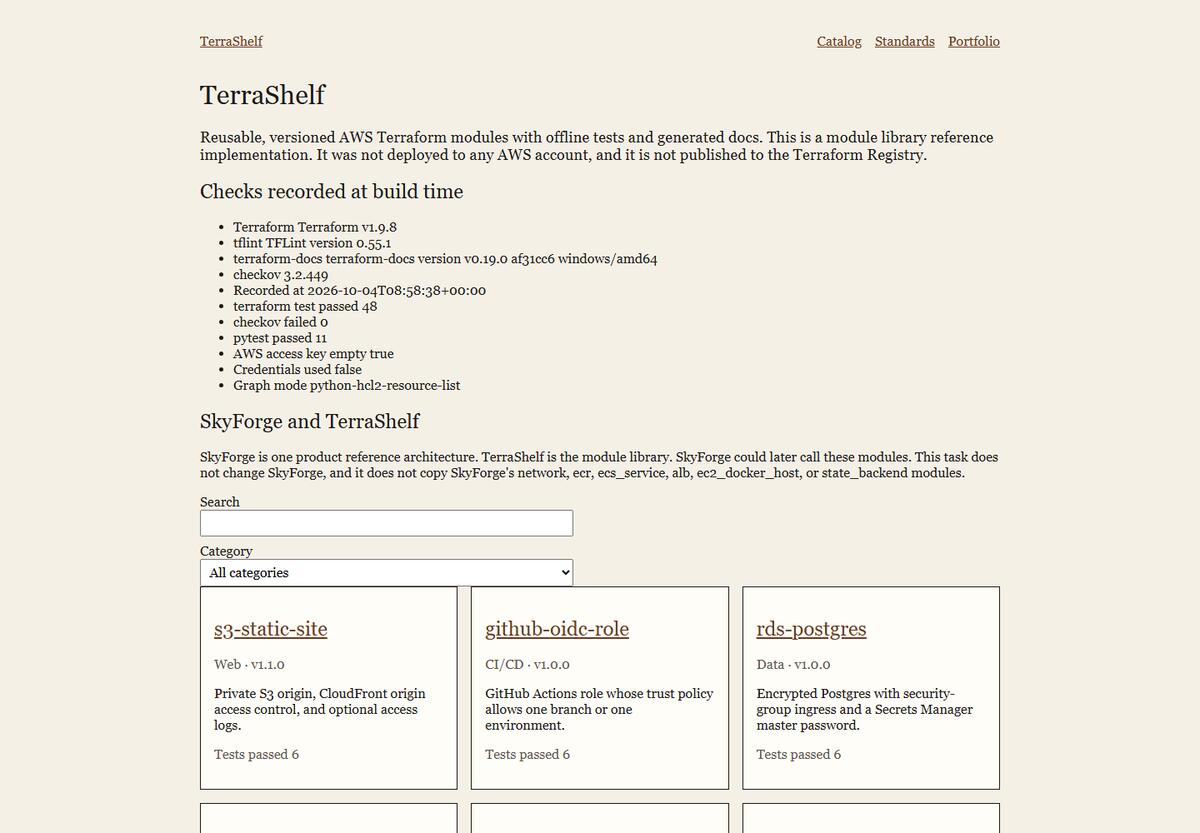 TerraShelf catalog of eight offline AWS Terraform modules