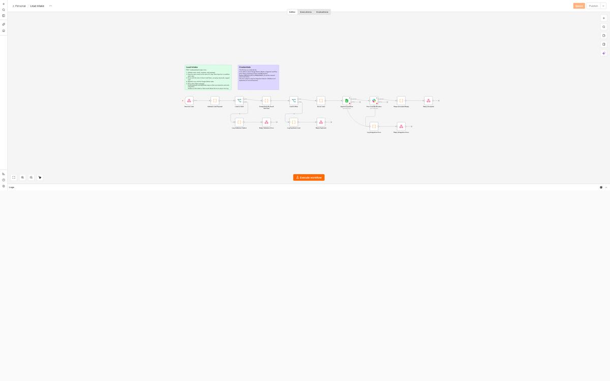 WorkflowKit lead intake workflow on the local n8n editor canvas